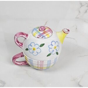 Betallic Inc‎ Ceramic Tea for One Set Floral Plaid Pastel Stackable Teapot & Cup